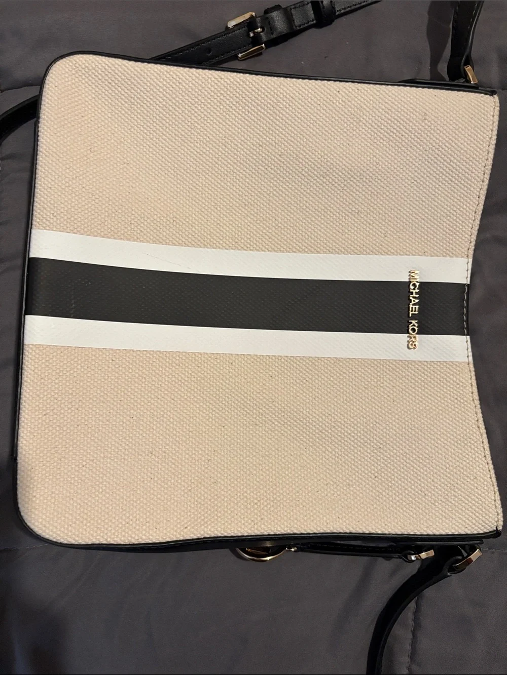 Mk  Beige Tote with Black and White Center Stripe. new w/o tags. Stiff until use